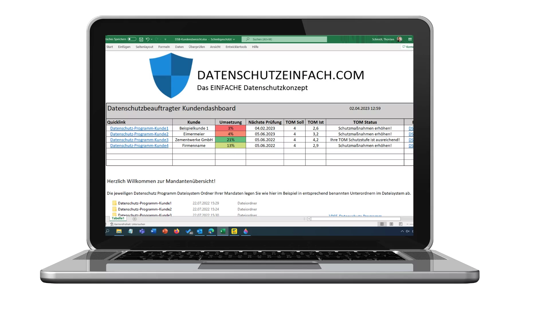 Excel-Edition: Mandantenübersicht mit Umsetzung, Prüfterminen und TOM-Status je Mandant (Beispieldaten)