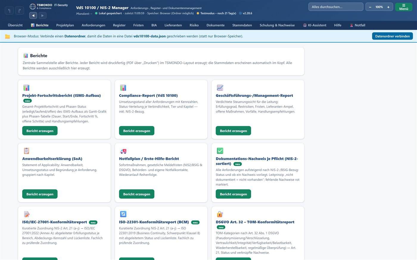 NIS-2-Manager Reporting-Tab Reporting- und Konformitäts-Ansicht im NIS-2-Manager