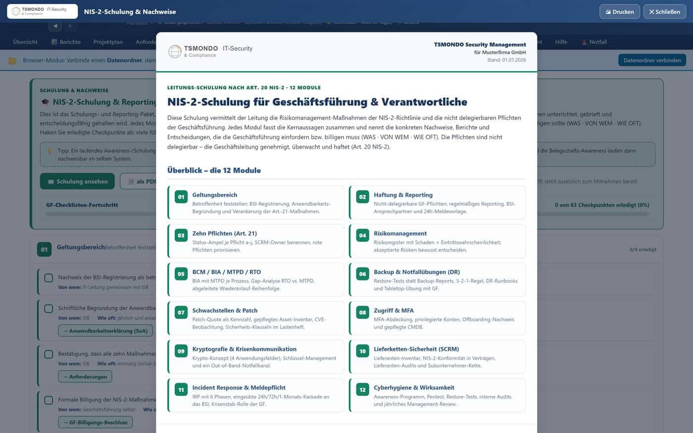 NIS-2-Manager Schulungsmodul HTML-Schulung als Nachweis im NIS-2-Manager