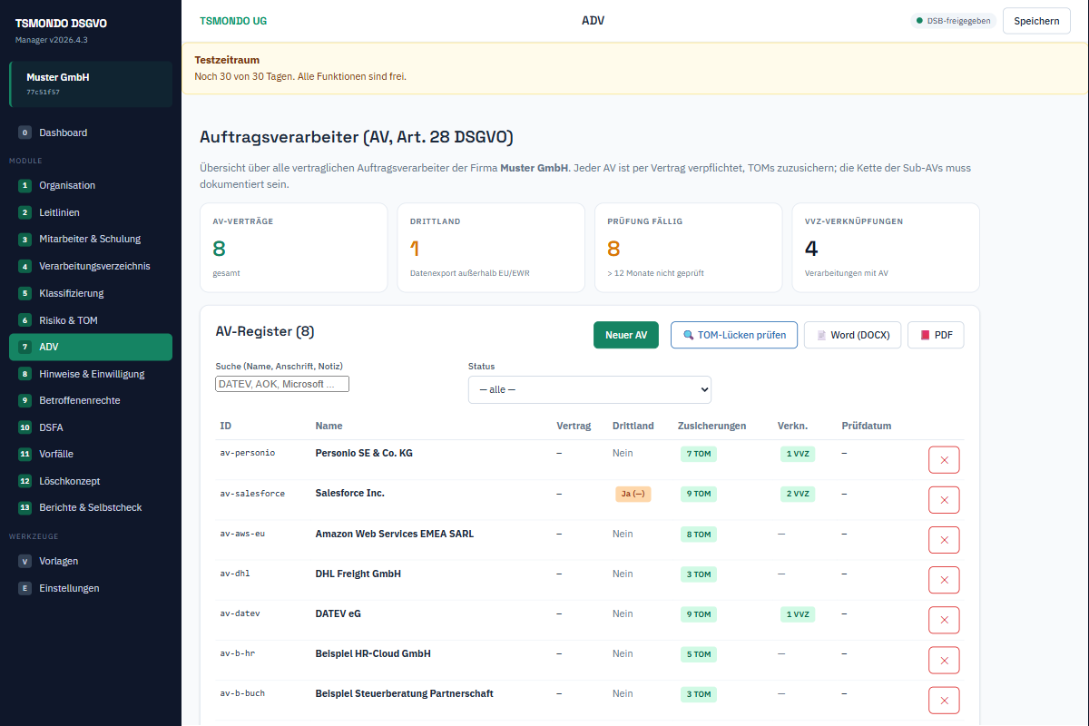 Register der Auftragsverarbeiter nach Art. 28 DSGVO mit Drittland-Kennzeichnung, TOM-Zusicherungen und Prüfdatum