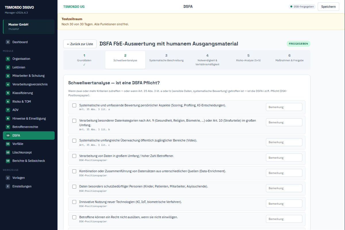 Schwellwertanalyse der Datenschutz-Folgenabschätzung mit den Kriterien nach Art. 35 Abs. 3 DSGVO zum Abhaken