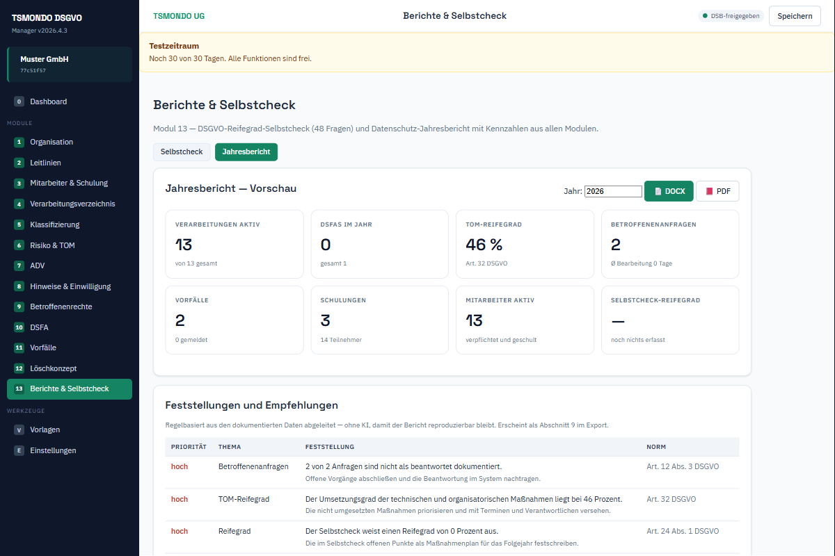 Vorschau des Datenschutz-Jahresberichts mit Kennzahlen aus allen Modulen sowie Feststellungen und Empfehlungen