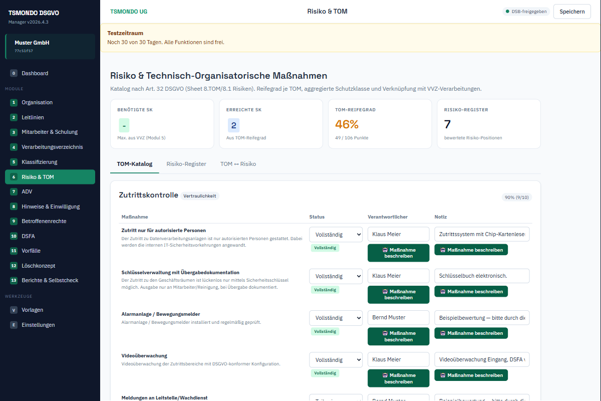 TOM-Katalog nach Art. 32 DSGVO mit Reifegrad, Status und Verantwortlichen je Maßnahme