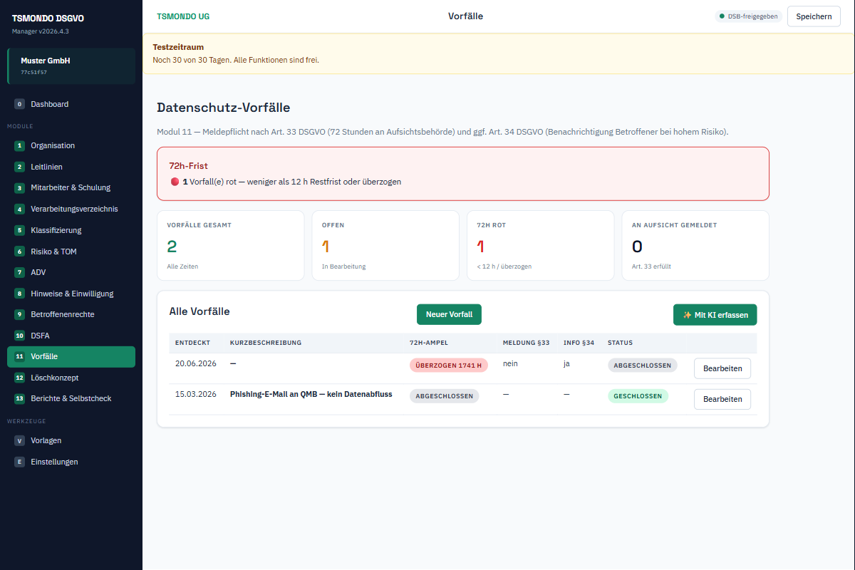 Vorfallregister mit 72-Stunden-Ampel nach Art. 33 DSGVO und Meldestand je Datenschutzvorfall