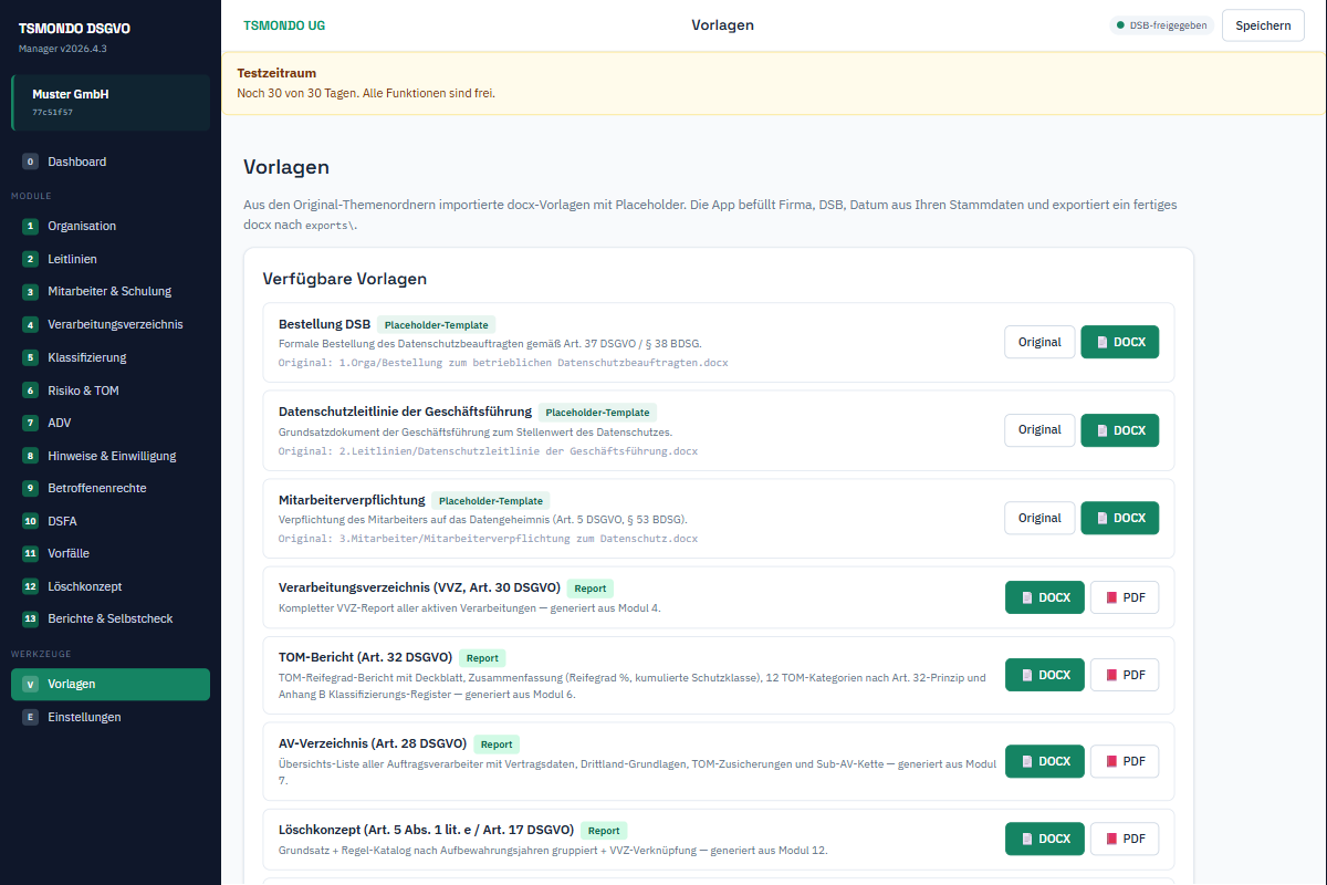 Vorlagenübersicht des DSGVO-Managers mit Bestellung des Datenschutzbeauftragten, Verzeichnissen und Berichten als DOCX und PDF
