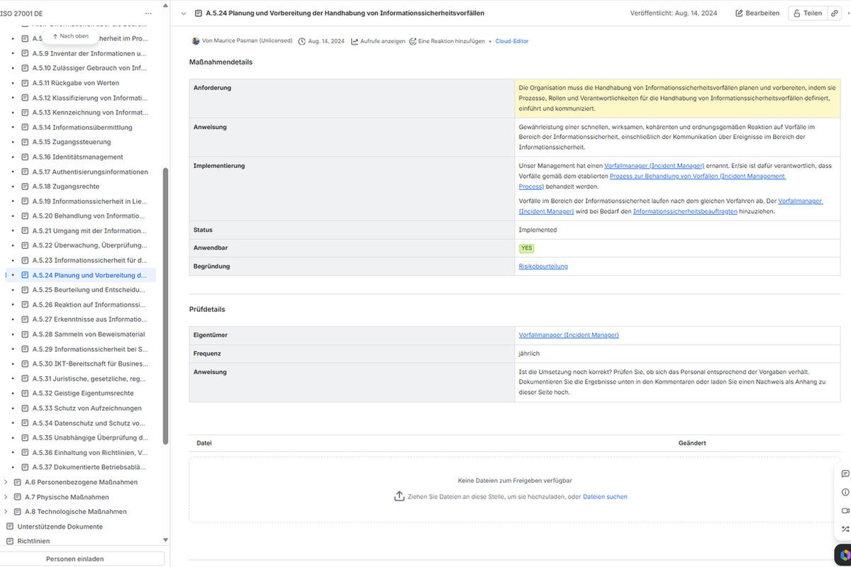 ISO 27001 Software INSTANT 27001: Control-Seite im Confluence-Space mit Anforderung und Umsetzung