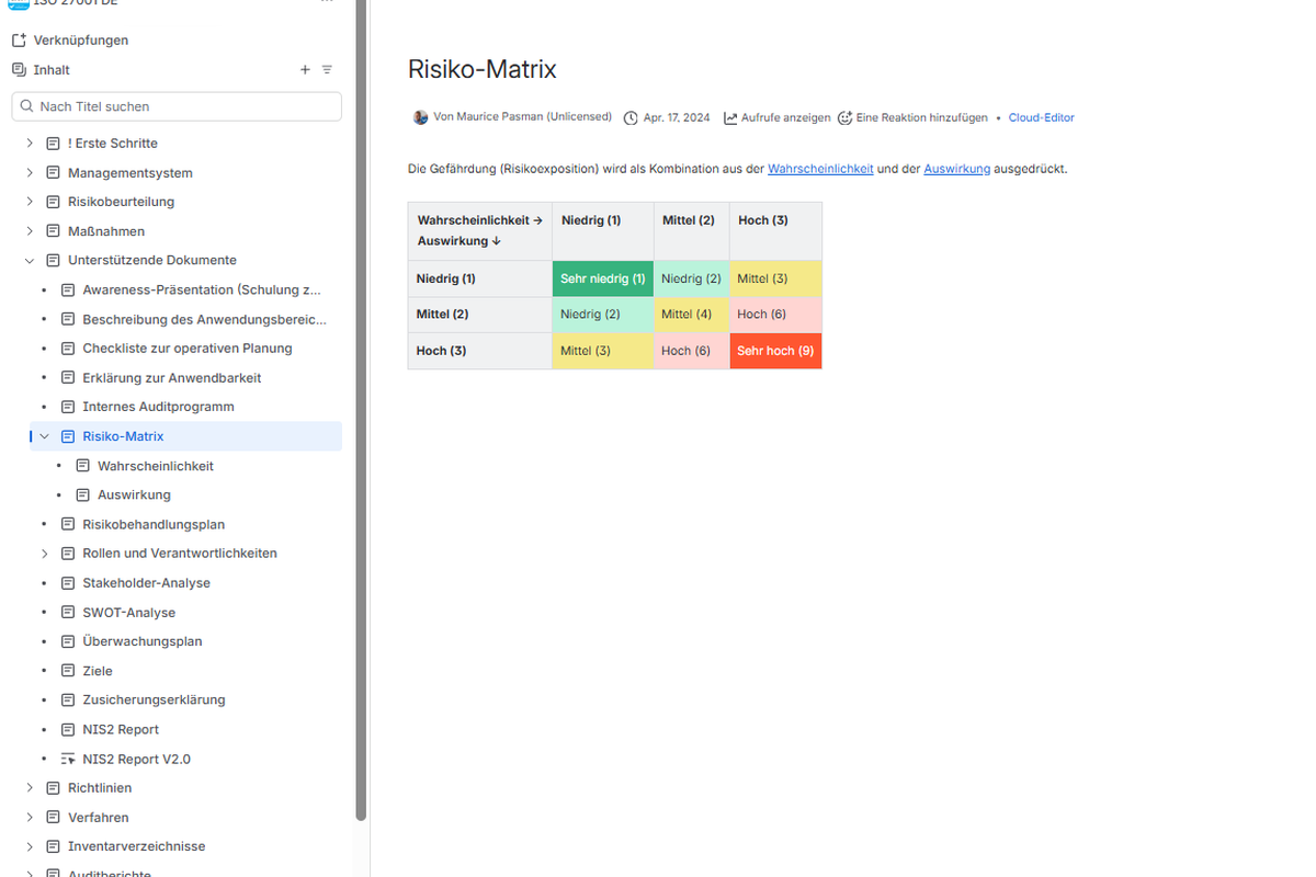 Risiko-Matrix und Behandlungsplan im ISO 27001 ISMS von INSTANT 27001