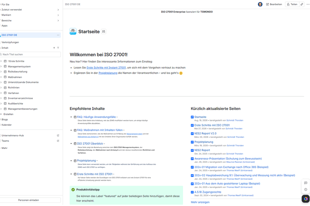Übersicht des Confluence-Space ISO 27001 DE mit Richtlinien, Rollen und Nachweisen