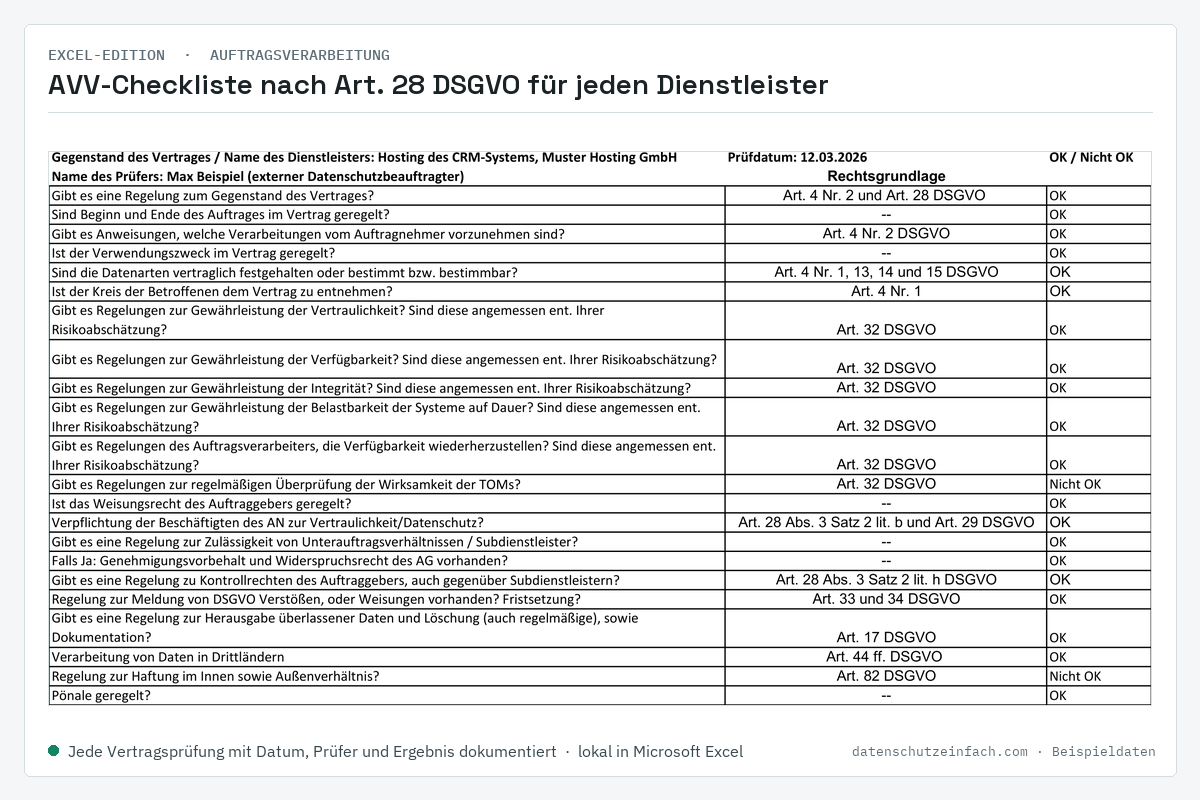 Excel-Edition: AVV-Checkliste nach Art. 28 DSGVO (Beispieldaten)