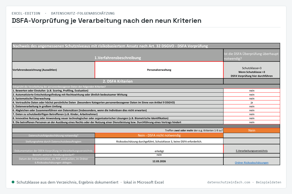 Excel-Edition: DSFA-Vorprüfung nach den neun Kriterien (Beispieldaten)