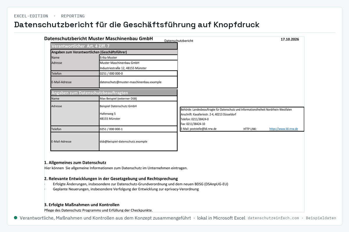 Excel-Edition: Datenschutzbericht für die Geschäftsführung (Beispieldaten)